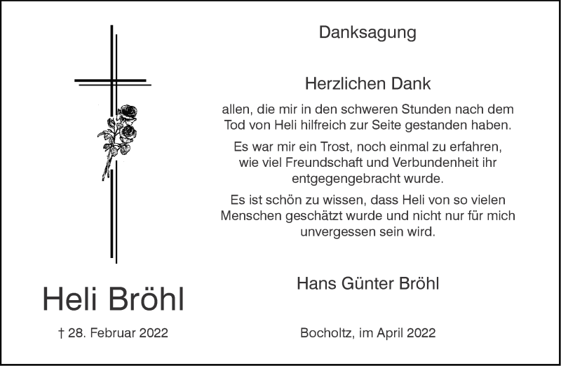  Traueranzeige für Heli Bröhl vom 30.04.2022 aus Aachener Zeitung / Aachener Nachrichten