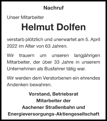 Traueranzeige von Helmut Dolfen von Zeitung am Sonntag