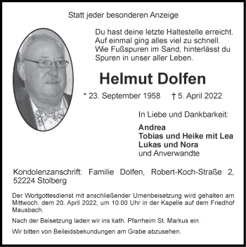Traueranzeige von Helmut Dolfen von Zeitung am Sonntag