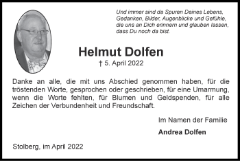 Traueranzeige von Helmut Dolfen von Zeitung am Sonntag