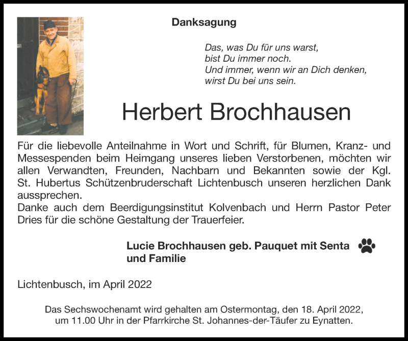  Traueranzeige für Herbert Brochhausen vom 10.04.2022 aus Zeitung am Sonntag