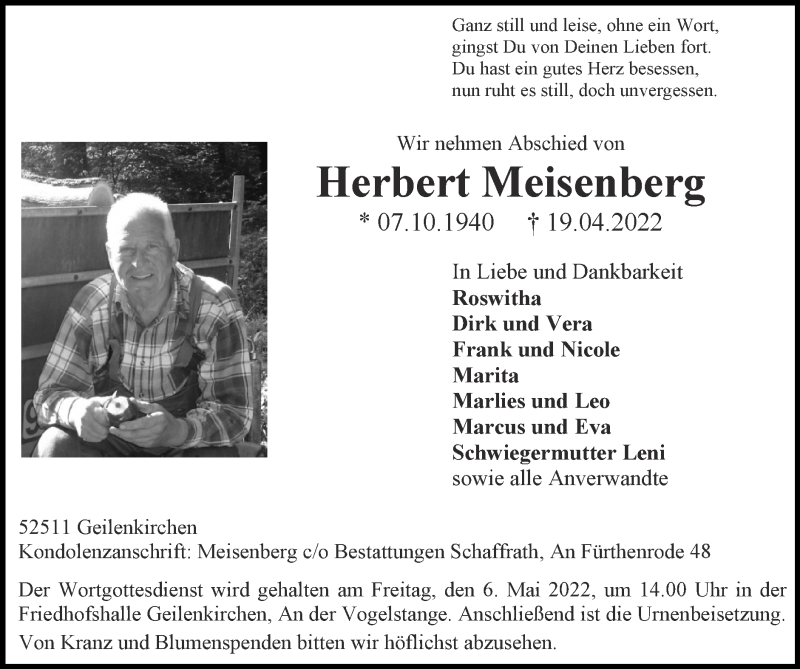  Traueranzeige für Herbert Meisenberg vom 24.04.2022 aus Zeitung am Sonntag