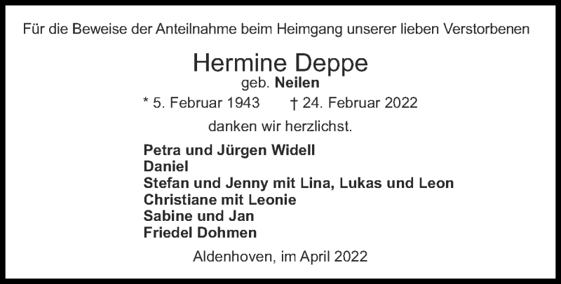  Traueranzeige für Hermine Deppe vom 10.04.2022 aus Zeitung am Sonntag