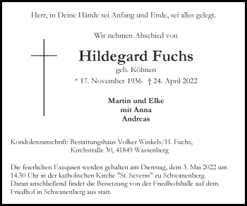Traueranzeige von Hildegard Fuchs von Zeitung am Sonntag