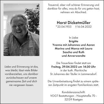 Traueranzeige von Horst Dicketmüller von Zeitung am Sonntag