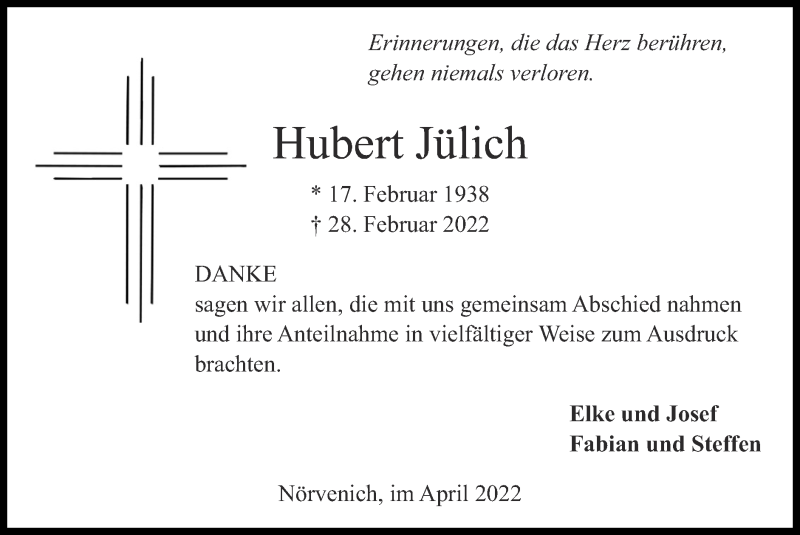  Traueranzeige für Hubert Jülich vom 03.04.2022 aus Zeitung am Sonntag