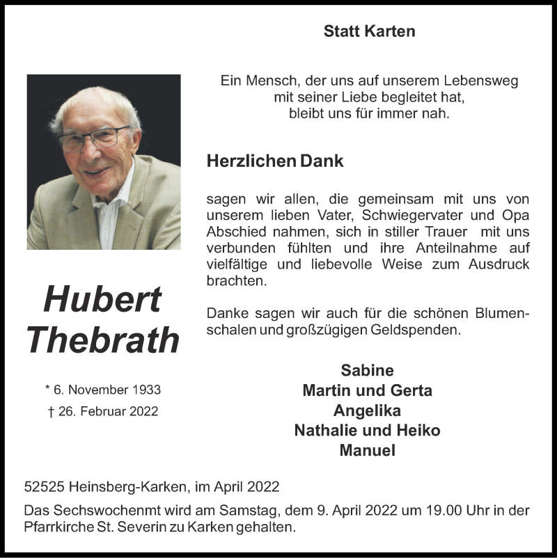  Traueranzeige für Hubert Thebrath vom 03.04.2022 aus Zeitung am Sonntag