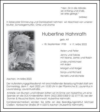 Traueranzeige von Hubertine Hahnrath von Aachener Zeitung / Aachener Nachrichten