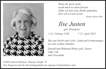 Traueranzeige von Ilse Justen von Aachener Zeitung / Aachener Nachrichten