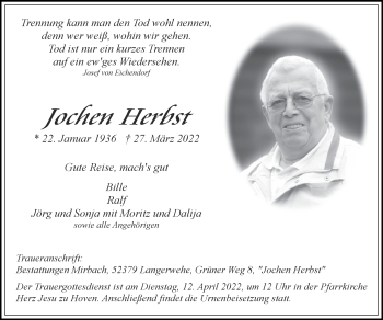 Traueranzeige von Jochen Herbst von Zeitung am Sonntag