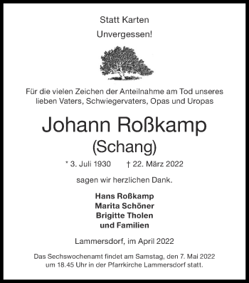 Traueranzeige von Johann Roßkamp von Zeitung am Sonntag