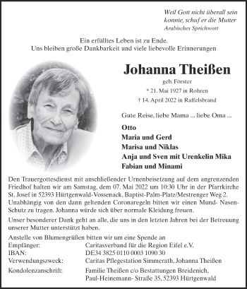 Traueranzeige von Johanna Theißen von Zeitung am Sonntag