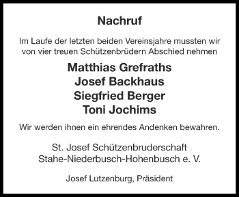 Traueranzeige von Josef Backhaus von Zeitung am Sonntag