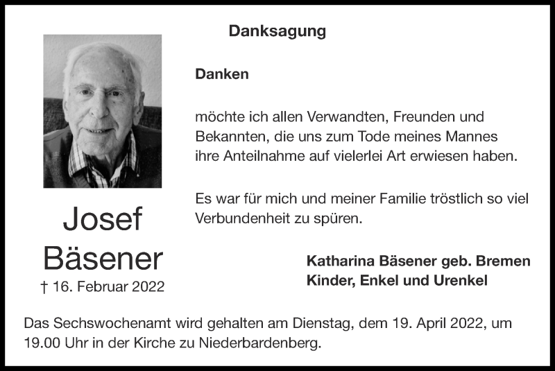  Traueranzeige für Josef Bäsener vom 17.04.2022 aus Zeitung am Sonntag