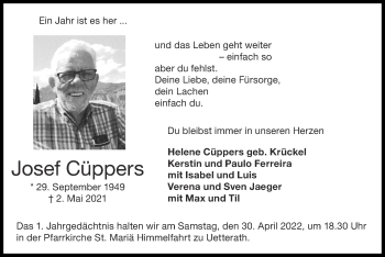 Traueranzeige von Josef Cüppers von Zeitung am Sonntag