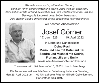 Traueranzeige von Josef Görner von Zeitung am Sonntag