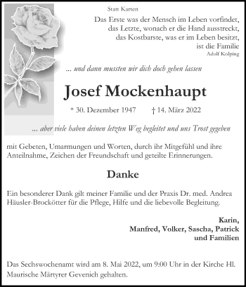 Traueranzeige von Josef Mockenhaupt von Zeitung am Sonntag