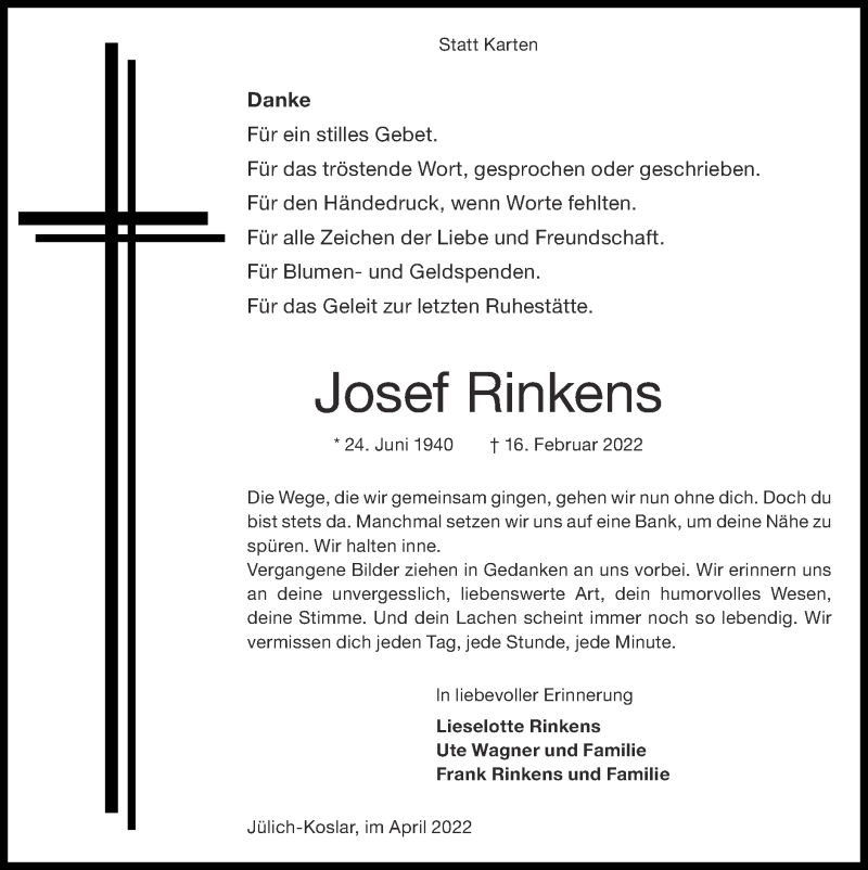  Traueranzeige für Josef Rinkens vom 17.04.2022 aus Zeitung am Sonntag