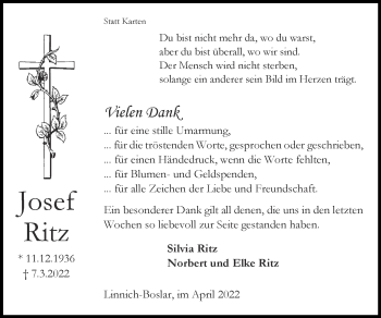 Traueranzeige von Josef Ritz von Zeitung am Sonntag