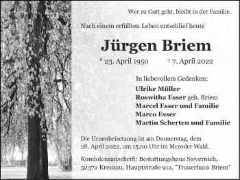 Traueranzeige von Jürgen Briem von Zeitung am Sonntag