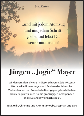 Traueranzeige von Jürgen  Mayer von Zeitung am Sonntag