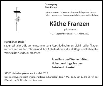 Traueranzeige von Käthe Franzen von Zeitung am Sonntag