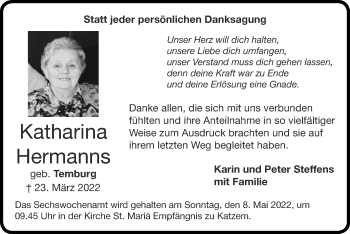 Traueranzeige von Katharina Hermanns von Zeitung am Sonntag