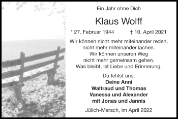 Traueranzeige von Klaus Wolff von Zeitung am Sonntag