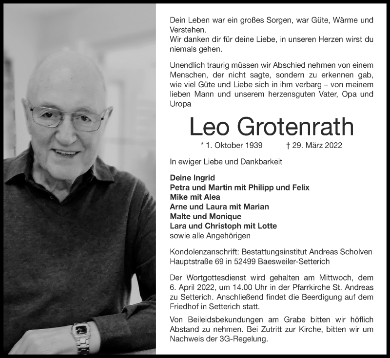  Traueranzeige für Leo Grotenrath vom 03.04.2022 aus Zeitung am Sonntag