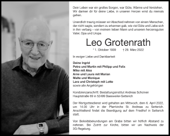 Traueranzeige von Leo Grotenrath von Aachener Zeitung / Aachener Nachrichten