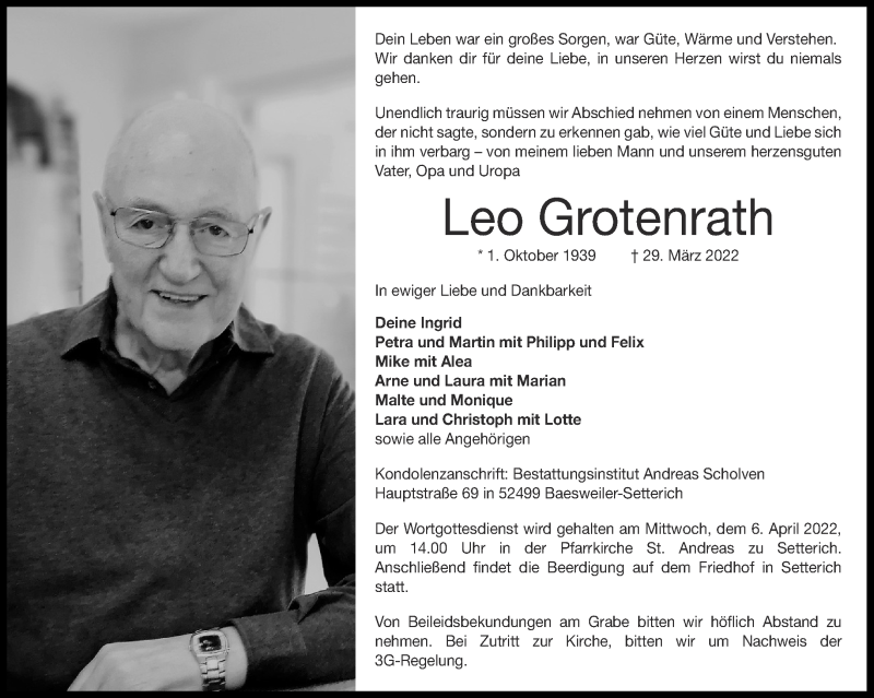  Traueranzeige für Leo Grotenrath vom 02.04.2022 aus Aachener Zeitung / Aachener Nachrichten