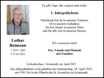 Traueranzeige von Lothar Reimann von Zeitung am Sonntag