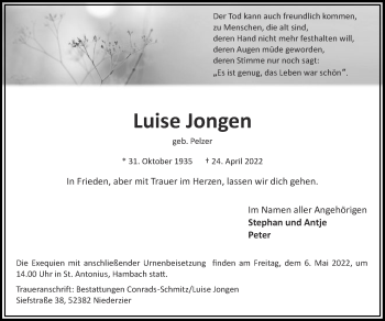 Traueranzeige von Luise Jongen von Zeitung am Sonntag