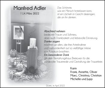 Traueranzeige von Manfred Adler von Zeitung am Sonntag