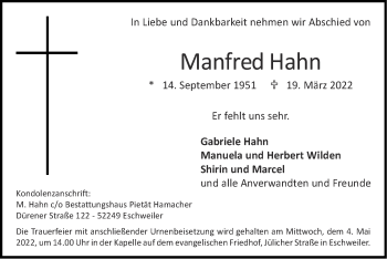 Traueranzeige von Manfred Hahn von Zeitung am Sonntag