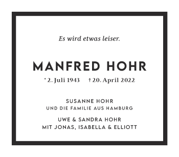 Traueranzeige von Manfred Hohr von Aachener Zeitung / Aachener Nachrichten