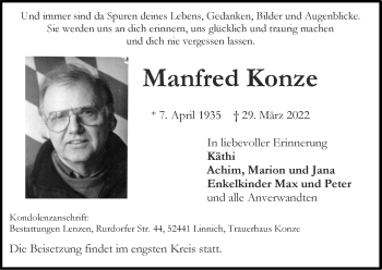 Traueranzeige von Manfred Konze von Zeitung am Sonntag