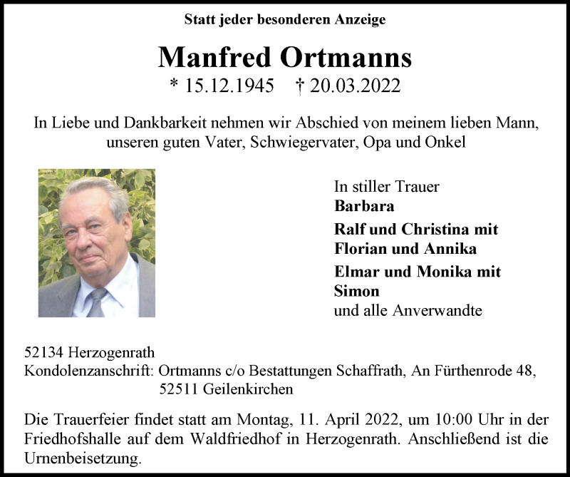  Traueranzeige für Manfred Ortmanns vom 03.04.2022 aus Zeitung am Sonntag