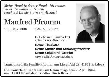 Traueranzeige von Manfred Pfromm von Zeitung am Sonntag