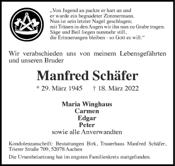 Traueranzeige von Manfred Schäfer von Zeitung am Sonntag