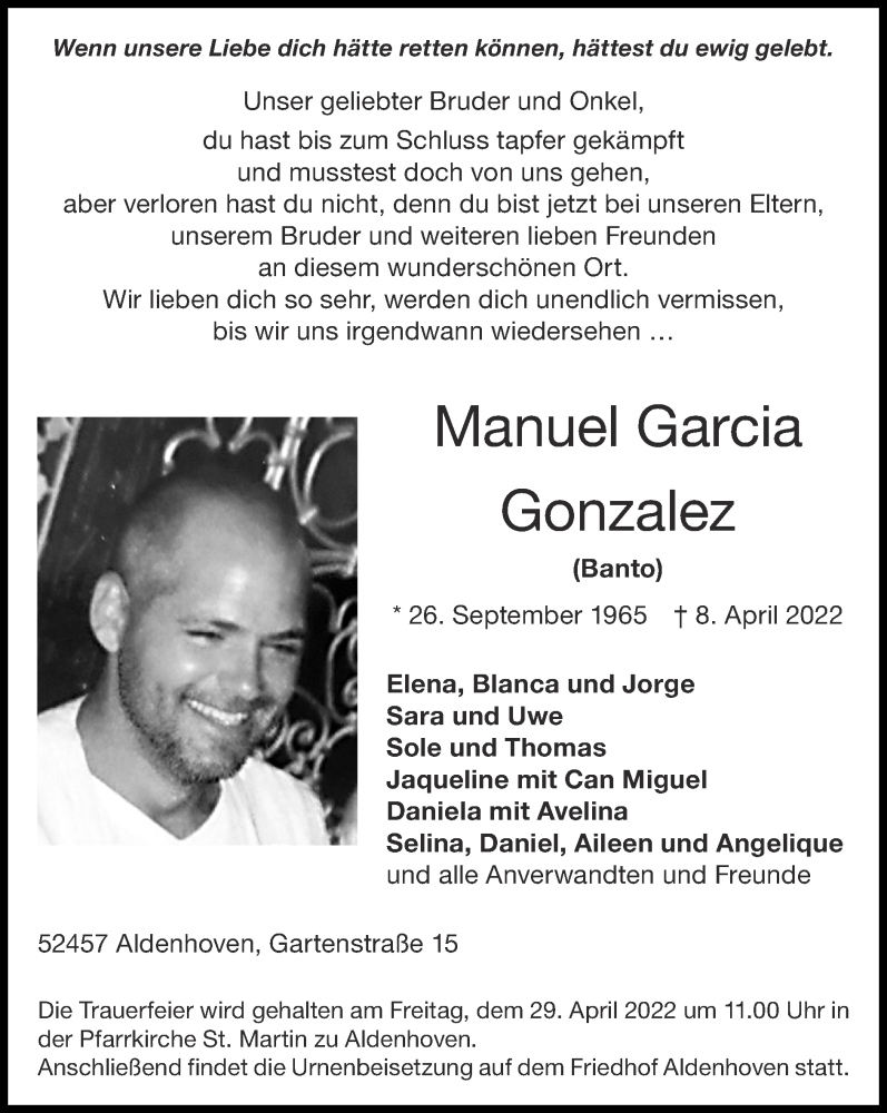  Traueranzeige für Manuel Garcia Gonzalez vom 17.04.2022 aus Zeitung am Sonntag