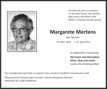 Traueranzeige von Margarete Mertens von Zeitung am Sonntag