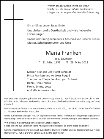 Traueranzeige von Maria Franken von Zeitung am Sonntag