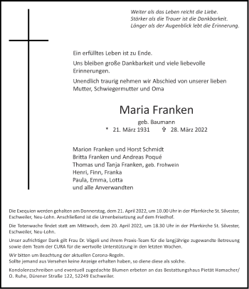 Traueranzeige von Maria Franken von Aachener Zeitung / Aachener Nachrichten