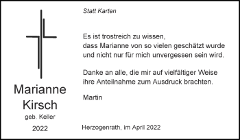 Traueranzeige von Marianne Kirsch von Zeitung am Sonntag