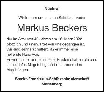 Traueranzeige von Markus Beckers von Zeitung am Sonntag