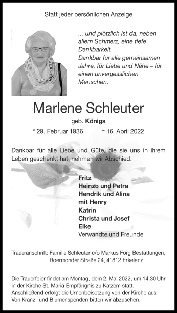 Traueranzeige von Marlene Schleuter von Zeitung am Sonntag