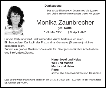 Traueranzeige von Monika Zaunbrecher von Zeitung am Sonntag