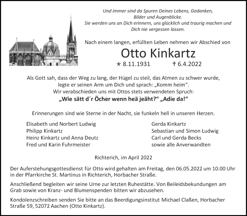  Traueranzeige für Otto Kinkartz vom 30.04.2022 aus Aachener Zeitung / Aachener Nachrichten