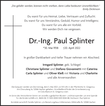 Traueranzeige von Paul Splinter von Aachener Zeitung / Aachener Nachrichten